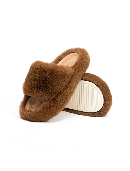 Chantomoo Women's Slippers Memory Foam House Bedroom Slippers for Women Fuzzy Plush Comfy Faux Fur Lined Slide Shoes Anti-Skid Sole Trendy Gift Slippers