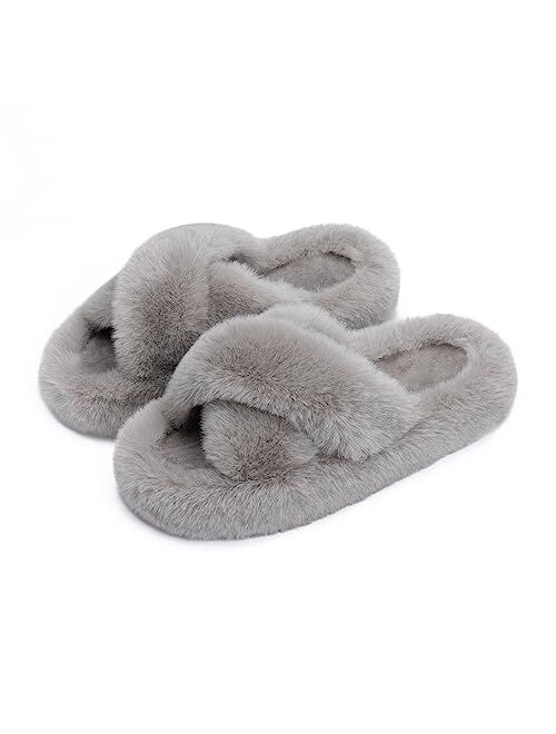 Chantomoo Women's Slippers Memory Foam House Bedroom Slippers for Women Fuzzy Plush Comfy Faux Fur Lined Slide Shoes Anti-Skid Sole Trendy Gift Slippers