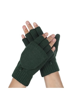 Winter Fingerless Gloves for Men Women, Convertible Warm Half Finger Mitten Gloves Flip Top, Knitted Clamshell Gloves