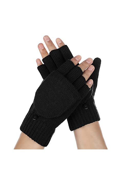 Achiou Winter Fingerless Gloves for Men Women, Convertible Warm Half Finger Mitten Gloves Flip Top, Knitted Clamshell Gloves