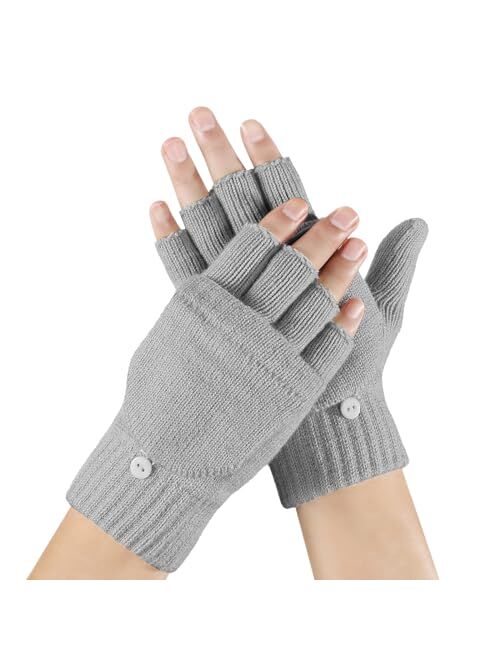 Achiou Winter Fingerless Gloves for Men Women, Convertible Warm Half Finger Mitten Gloves Flip Top, Knitted Clamshell Gloves