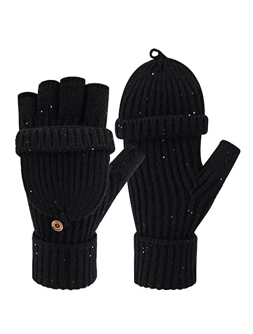 FZ FANTASTIC ZONE Womens Winter Knit Fingerless Work Gloves Convertible Mittens Warm for Cold day