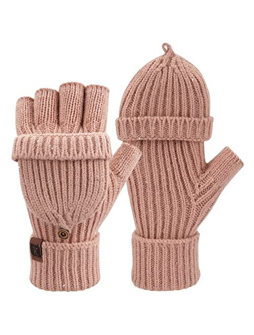 FZ FANTASTIC ZONE Womens Winter Knit Fingerless Work Gloves Convertible Mittens Warm for Cold day