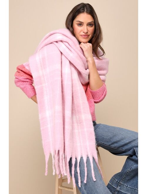 Shiraleah Isadora Light Pink Plaid Oversized Fringe Scarf