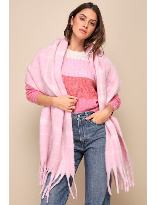 Shiraleah Isadora Light Pink Plaid Oversized Fringe Scarf