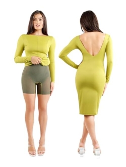 Popilush Long Sleeve Backless Shaper Dress with Built in Shapewear Midi Bodycon Dress Winter Dresses for Curvy Women