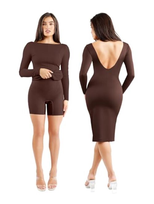 Popilush Long Sleeve Backless Shaper Dress with Built in Shapewear Midi Bodycon Dress Winter Dresses for Curvy Women