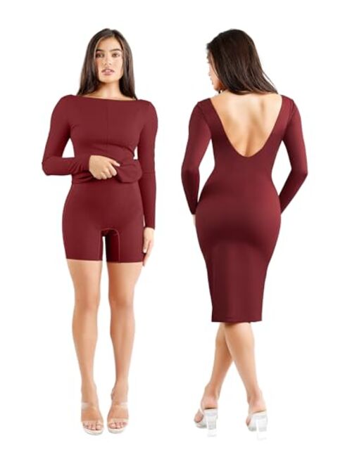 Popilush Long Sleeve Backless Shaper Dress with Built in Shapewear Midi Bodycon Dress Winter Dresses for Curvy Women