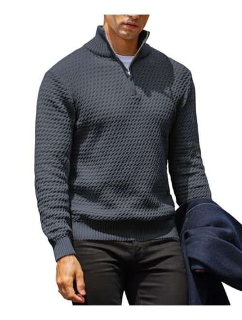 KAVIANA Men's Quarter-Zip Pullover Sweater Mock Turtleneck Polo Zip Up