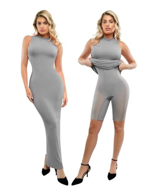 Popilush Shaper Dress Maxi Bodycon Dresses - Mock Neck Built in Shapewear Bra 9 in 1 Sleeveless Casual Dress for Women