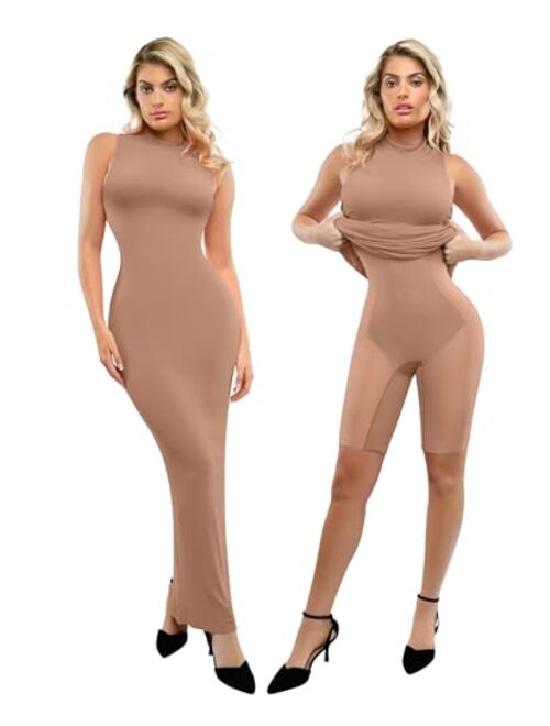 Popilush Shaper Dress Maxi Bodycon Dresses - Mock Neck Built in Shapewear Bra 9 in 1 Sleeveless Casual Dress for Women