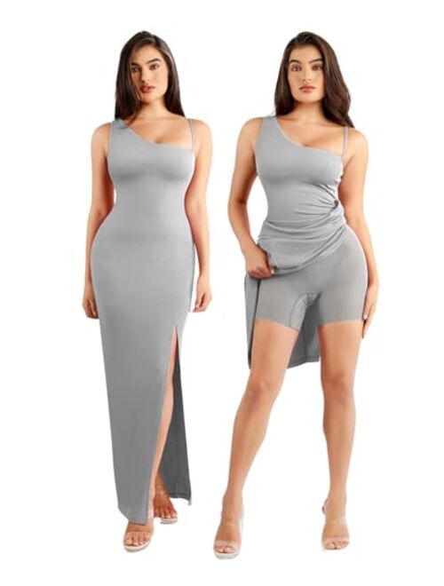 Popilush Shaper Dress One Shoulder Bodycon - High Slit Maxi Dress Built in Shapewear Women Sleeveless Casual Long Dresses