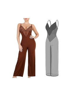 Popilush Lace Shapewear Jumpsuit for Women Built In Shapewear Backless V Neck Flare leggings Spaghetti Straps Wide Leg Romper