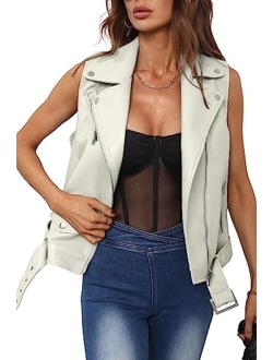 Giolshon Women Lapel Sleeveless Motorcycle Jacket, Zip Up PU Leather Vest with Belt Black