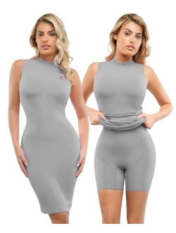 Popilush Crew Neck Shaper Dress Built - in Shapewear Bra 8 in 1 Sleeveless Fall Maxi Bodycon Lounge Dress with Zipper