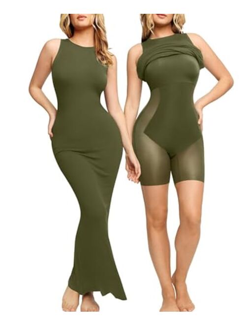 Popilush Crew Neck Shaper Dress Built - in Shapewear Bra 8 in 1 Sleeveless Fall Maxi Bodycon Lounge Dress with Zipper