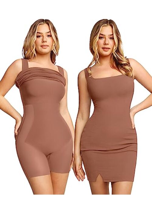 Popilush Shaper Dress Mini Slit Built in Shapewear Bra 8 in 1 Sleeveless Square Neck Bodycon Summer Dress for Women