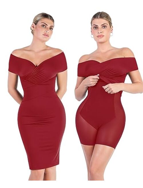 Popilush Shaper Dress with Built in Shapewear Off Shoulder V Neck Ruched Bodycon Midi Dress Party Club Fall Dress for Women