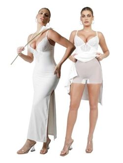 Popilush Lace Shaper Dress Built in Shapewear Deep-V Neck Satin Drape Slip Split Maxi Dress Bodycon Evening Long Dress