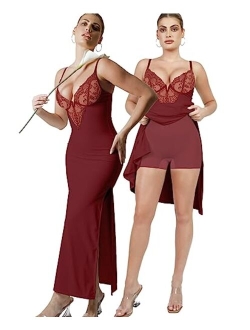 Popilush Lace Shaper Dress Built in Shapewear Deep-V Neck Satin Drape Slip Split Maxi Dress Bodycon Evening Long Dress