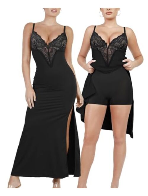 Popilush Lace Shaper Dress Built in Shapewear Deep-V Neck Satin Drape Slip Split Maxi Dress Bodycon Evening Long Dress