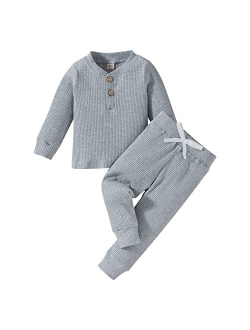 Fhutpw Toddler Boy Fall Clothes 2T 3T 4T 5T Outfits Winter Long Sleeve Knitted Cotton Tops & Pants Sets Solid Color