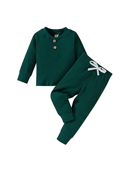 Fhutpw Toddler Boy Fall Clothes 2T 3T 4T 5T Outfits Winter Long Sleeve Knitted Cotton Tops & Pants Sets Solid Color