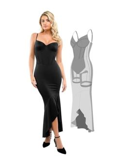 Popilush Shaper Dress with Built in Shapewear Off Shoulder V Neck Ruched  Bodycon Midi Dress Party Club Fall Dress for Women