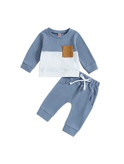 Ursobutegl Toddler Baby Boy Girl Fall Winter Outfits Waffle Knit Letter Printed Long Sleeve Sweatshirt Tops Pants Clothes Set