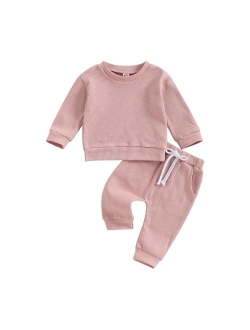 Ursobutegl Toddler Baby Boy Girl Fall Winter Outfits Waffle Knit Letter Printed Long Sleeve Sweatshirt Tops Pants Clothes Set