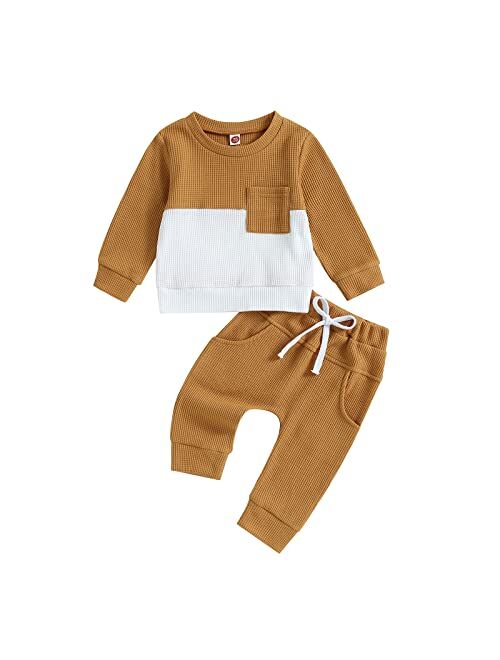 Ursobutegl Toddler Baby Boy Girl Fall Winter Outfits Waffle Knit Letter Printed Long Sleeve Sweatshirt Tops Pants Clothes Set