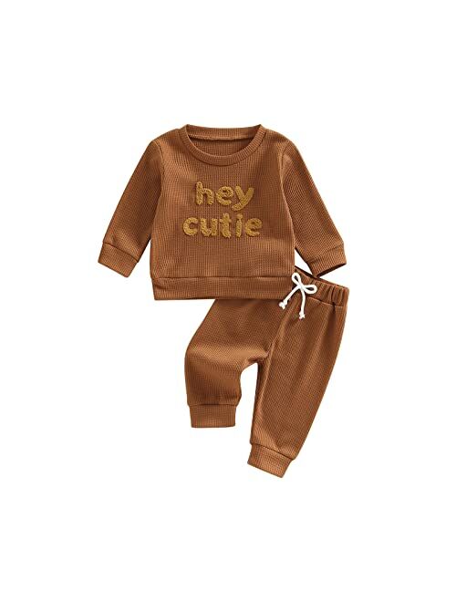 Ursobutegl Toddler Baby Boy Girl Fall Winter Outfits Waffle Knit Letter Printed Long Sleeve Sweatshirt Tops Pants Clothes Set