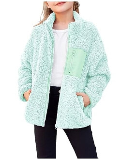 Girls Fleece Jacket Sherpa Fall Winter Full Zip Fuzzy Coat Outwear with Pockets