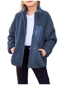 Girls Fleece Jacket Sherpa Fall Winter Full Zip Fuzzy Coat Outwear with Pockets