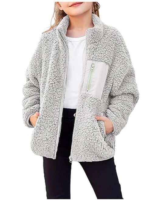 Arshiner Girls Fleece Jacket Sherpa Fall Winter Full Zip Fuzzy Coat Outwear with Pockets