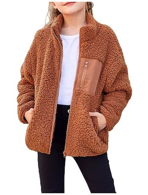 Arshiner Girls Fleece Jacket Sherpa Fall Winter Full Zip Fuzzy Coat Outwear with Pockets