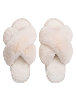 Zizor Women's Open Toe Fluffy Slippers with Memory Foam, Ladies' Cross Band House Shoes, Faux Fur Slip on Home Slippers for Indoor Outdoor