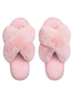 Zizor Women's Open Toe Fluffy Slippers with Memory Foam, Ladies' Cross Band House Shoes, Faux Fur Slip on Home Slippers for Indoor Outdoor