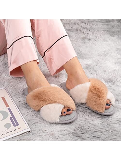 Zizor Women's Open Toe Fluffy Slippers with Memory Foam, Ladies' Cross Band House Shoes, Faux Fur Slip on Home Slippers for Indoor Outdoor