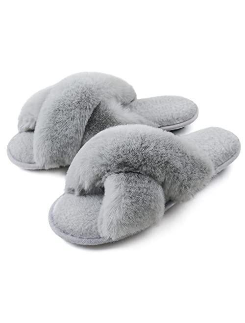 Zizor Women's Open Toe Fluffy Slippers with Memory Foam, Ladies' Cross Band House Shoes, Faux Fur Slip on Home Slippers for Indoor Outdoor