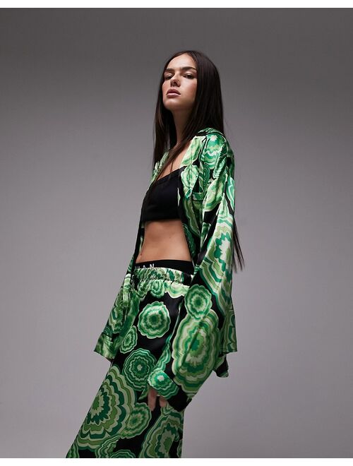 Topshop satin bloom print piped shirt and pants pajama set in green