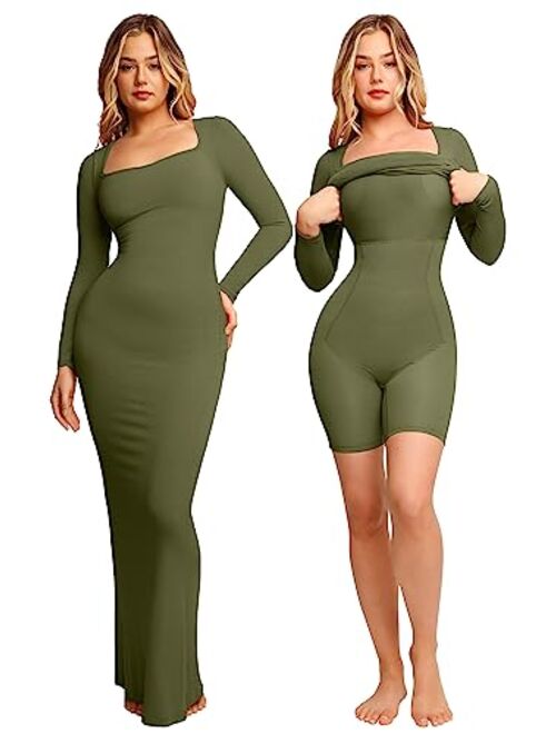 Popilush Shaper Dress Bodycon Maxi/Mini Built in Shapewear Bra 8 in 1 Women Lounge Long Sleeve Dresses