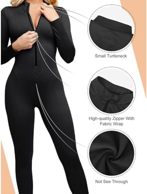 Popilush Womens Jumpsuit with Built in Shapewear - Long Sleeve Sport Romper Turtleneck Workout Bodysuit with Zipper