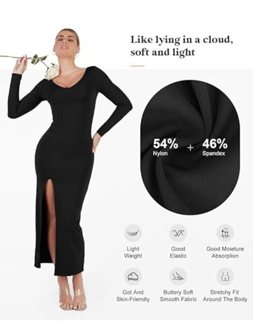 Popilush Shaper Dress Built - in Shapewear Bra Long Sleeve V-Neck Split Maxi Bodycon Fall Wedding Guest Dress