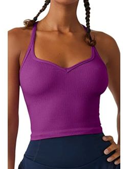 QINEN Womens Formfitting Basic Camisole Seamless Ribbed Double Lined Undershirt Halter Tank Top