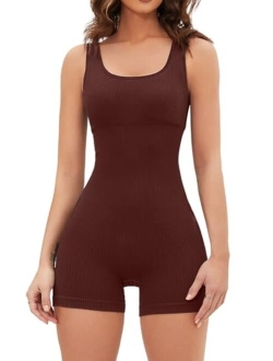 Seamless Romper for Women Ribbed Workout Square Neck Padded Bra One Piece Short Jumpsuit