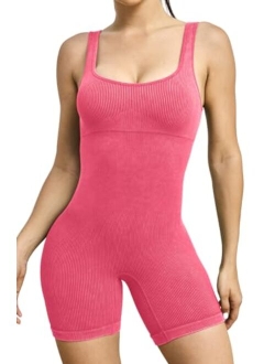 Seamless Romper for Women Ribbed Workout Square Neck Padded Bra One Piece Short Jumpsuit