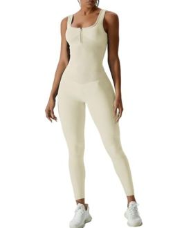 Womens Zip Front Square Neck Tank Top Sleeveless Jumpsuit Long Pants Yoga Unitard Rommpers
