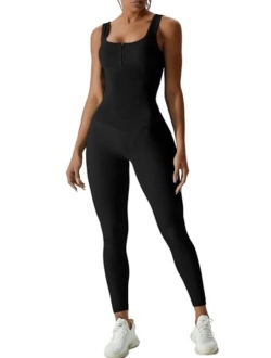 Womens Zip Front Square Neck Tank Top Sleeveless Jumpsuit Long Pants Yoga Unitard Rommpers