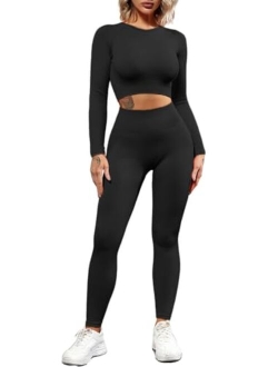 Seamless Workout Outfits for Women 2 Piece Ribbed Long Sleeve Crop Top Tummy Control Leggings Sets